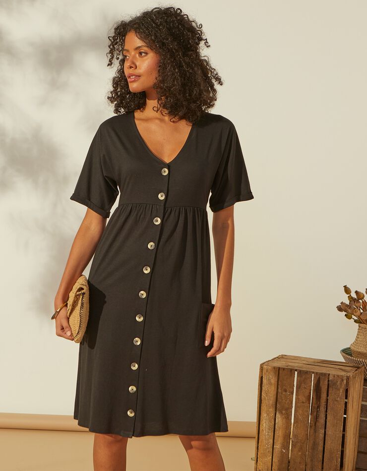 Robe boutonnée à poches, col V (noir) Robe boutonnée à poches, col V (noir)