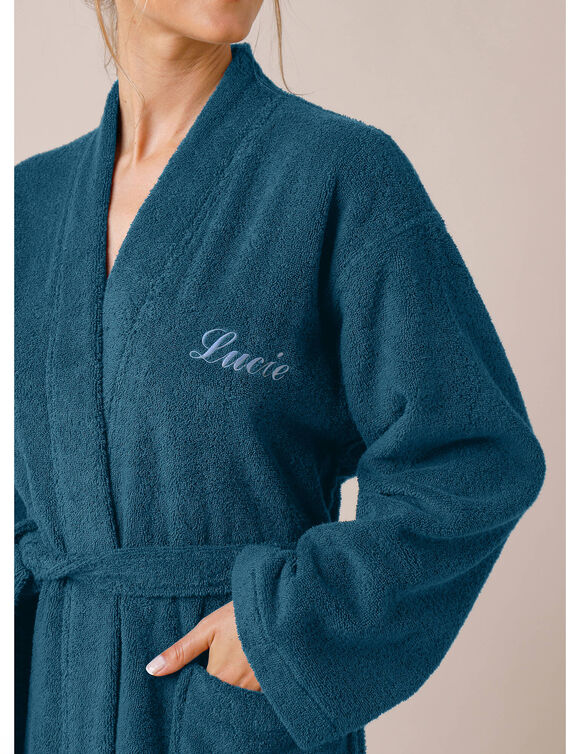 Peignoir mixte adulte uni coton éponge bouclette col kimono personnalisé (bleu paon)