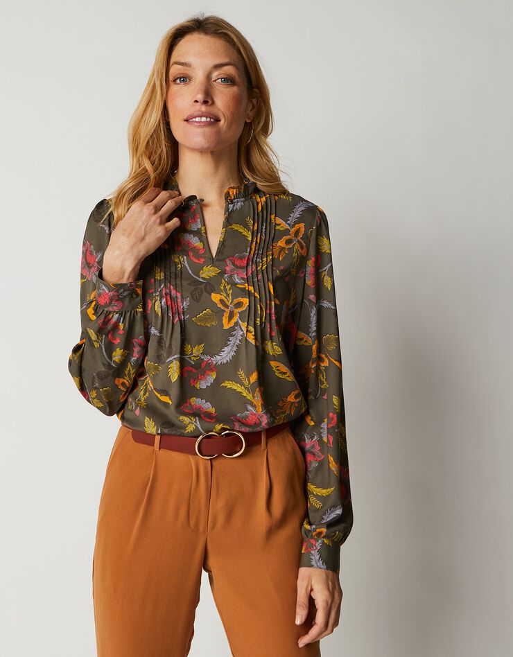 Blouse à plis manches longues imprimée (bronze / corail) Blouse à plis manches longues imprimée (bronze / corail)
