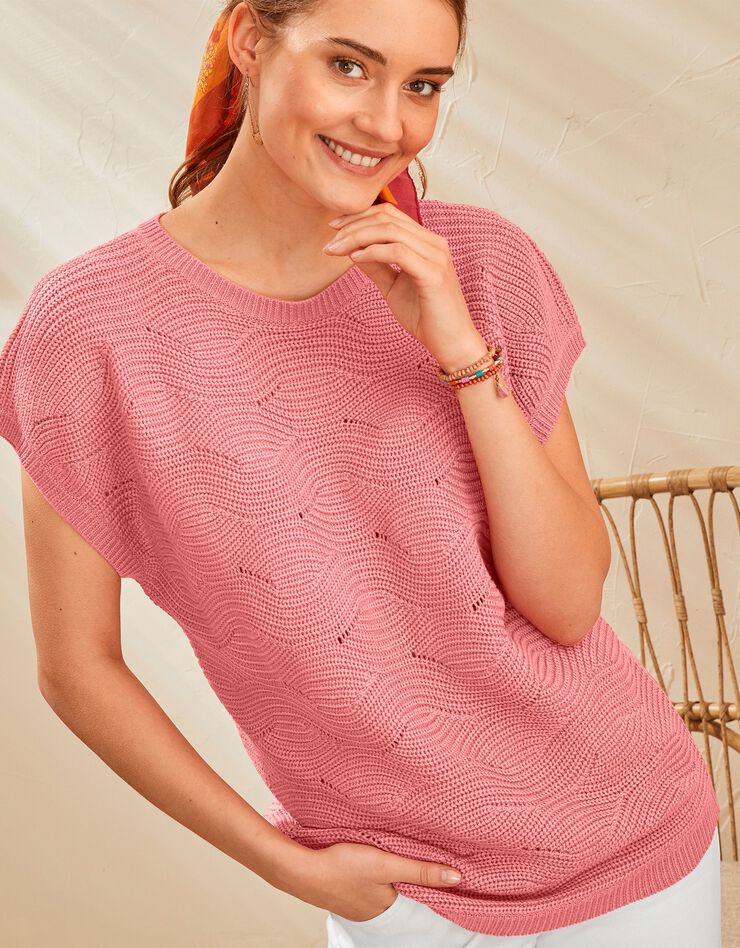 Pull manches courtes, maille fantaisie (corail) Pull manches courtes, maille fantaisie (corail)