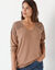 T-shirt col V manches longues dentelle (noisette chiné)