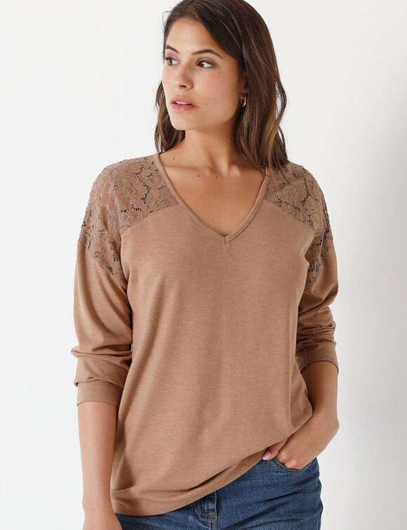 T-shirt col V manches longues dentelle (noisette chiné)