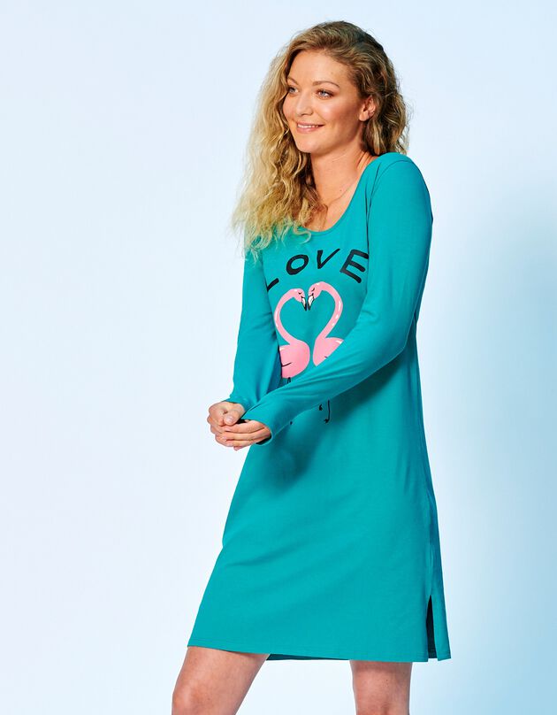 Chemise de nuit courte manches longues motif « love » (émeraude) Chemise de nuit courte manches longues motif « love » (émeraude)