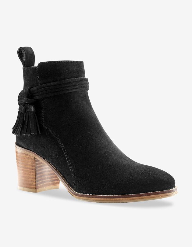 Boots en croûte de cuir à talon et pompons (noir)