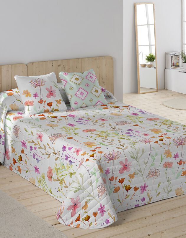 Couvre-lit matelassé imprimé Fleurs d'été (blanc / rose)