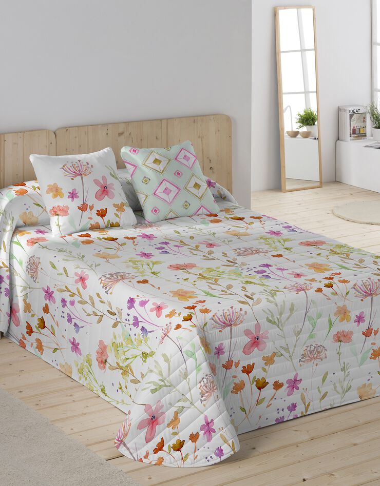 Couvre-lit matelassé imprimé Fleurs d'été (blanc / rose)