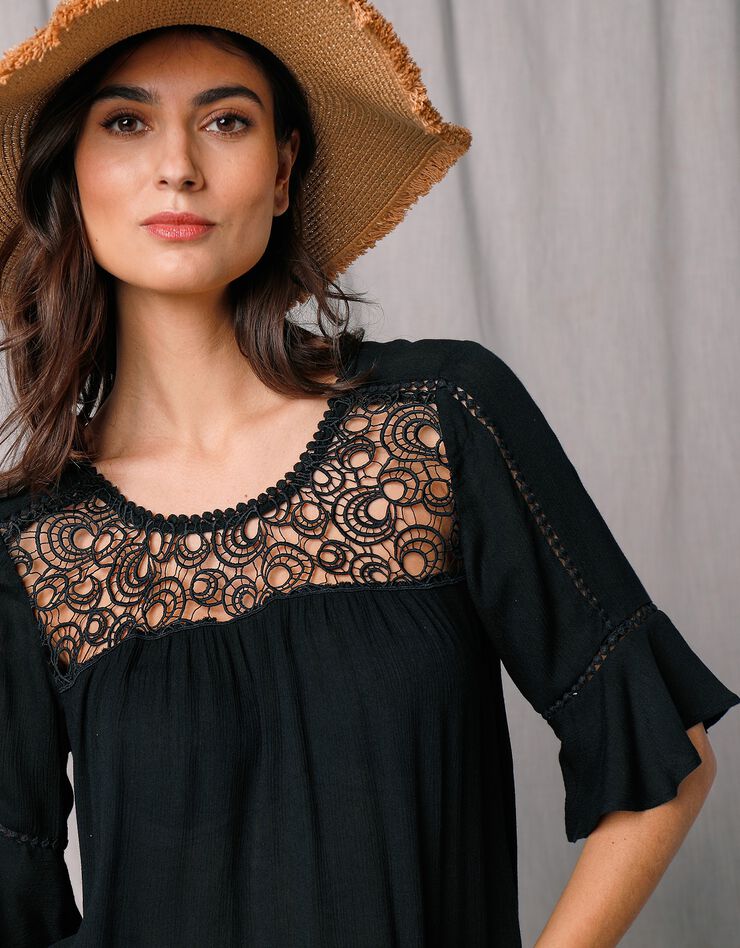 Blouse noire macramé manches 3/4 (noir) Blouse noire macramé manches 3/4 (noir)