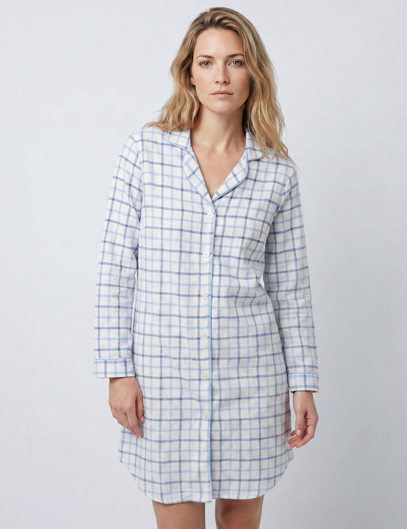 Chemise de nuit en flanelle forme liquette tiss&eacute; teint carreaux (&eacute;cru / bleu)