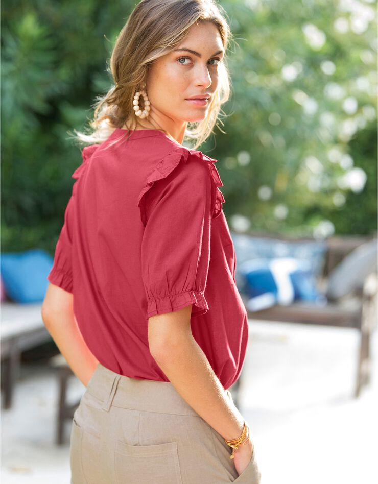 Blouse boutonnée volantée col tunisien unie (paprika) Blouse boutonnée volantée col tunisien unie (paprika)