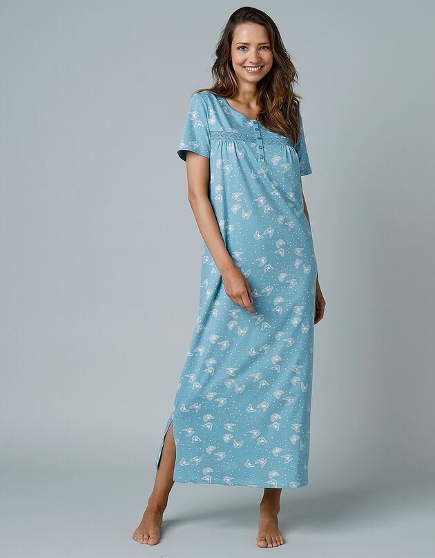 Chemise de nuit longue manches courtes imprimée "papillons" (bleu grisé)
