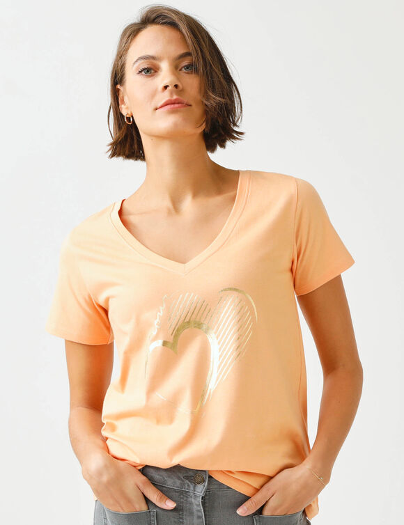 T-shirt col V imprim&eacute; dor&eacute; (p&ecirc;che)