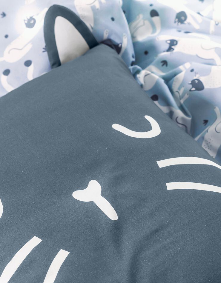 Linge de lit enfant imprimé chats Miaou 1 personne - coton biologique (bleu)
