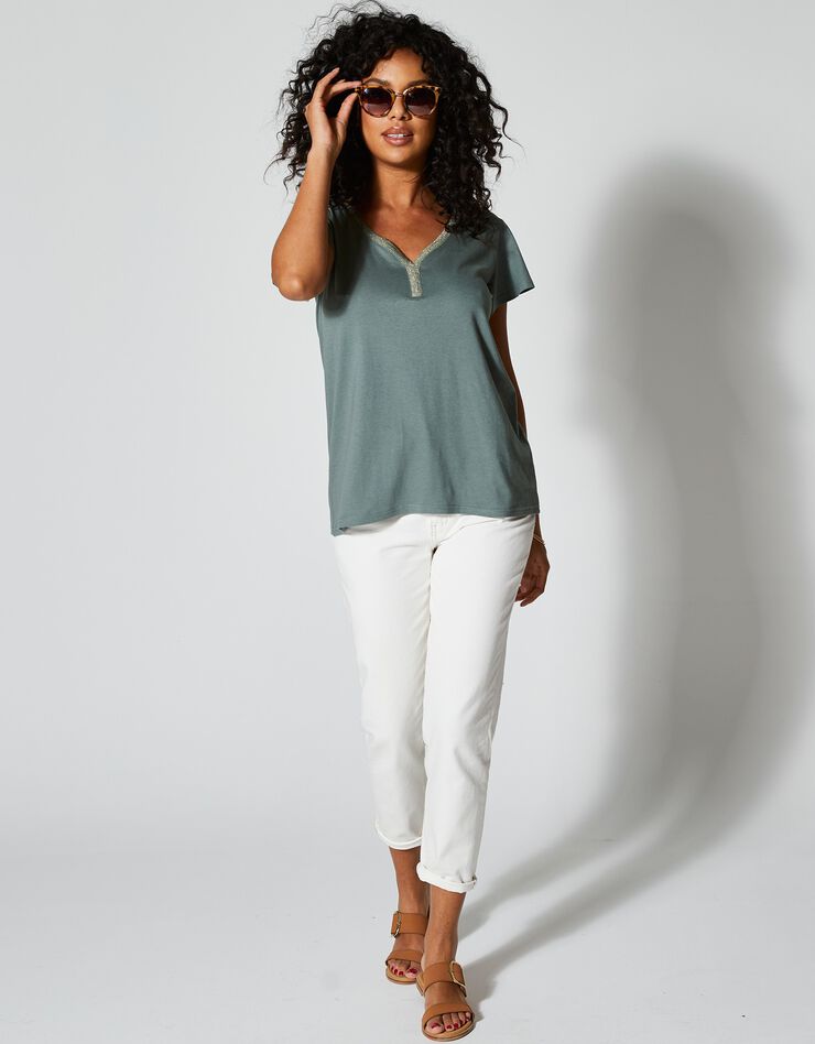 Tee-shirt col V doré maille unie (kaki)