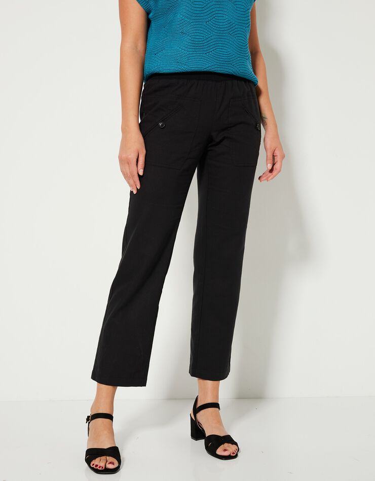 Pantalon coupe droite 7/8ème taille élastiquée, lin coton (noir)