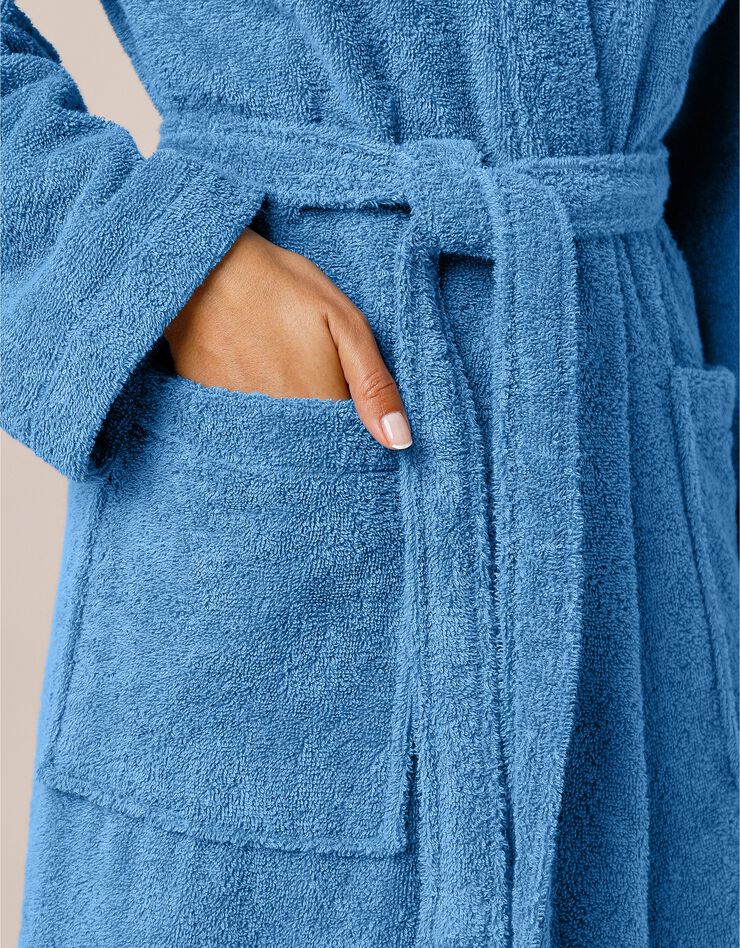 Peignoir mixte adulte uni coton éponge bouclette col kimono personnalisé (bleu jean)