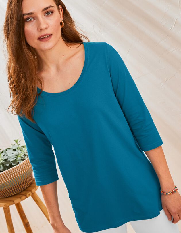 Tee-shirt manches 3/4 col rond uni coton (bleu paon)
