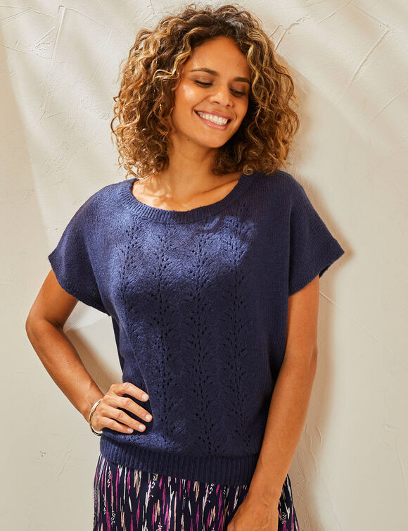 Pull manches courtes, maille ajourée (marine)