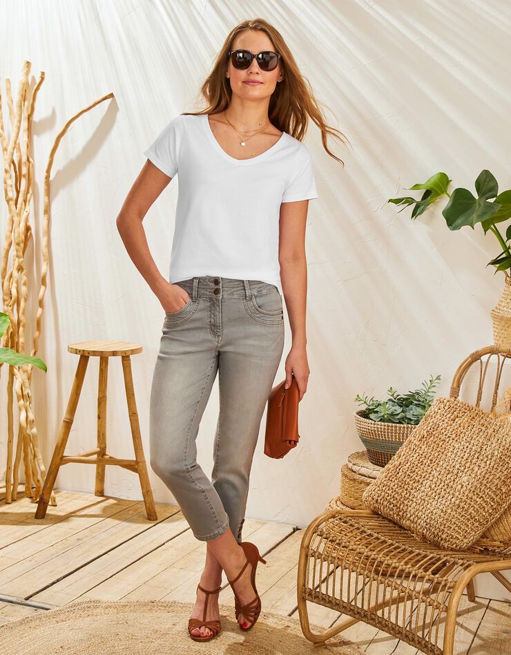 Tee-shirt col V uni manches courtes coton (blanc) Tee-shirt col V uni manches courtes coton (blanc)