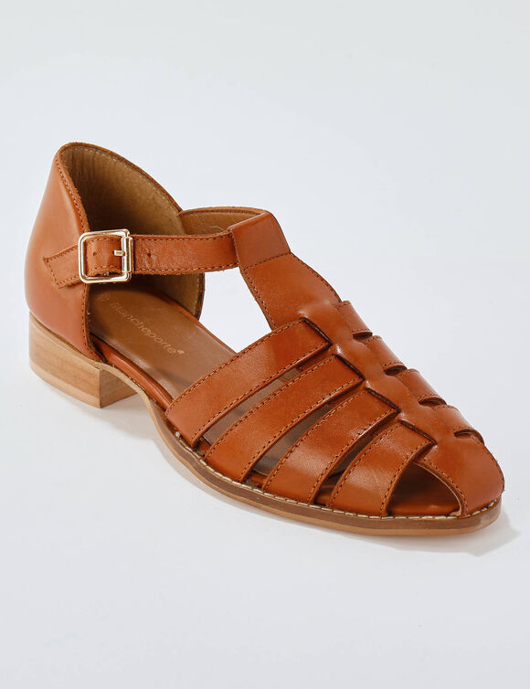 Sandales en cuir petit talon (caramel)