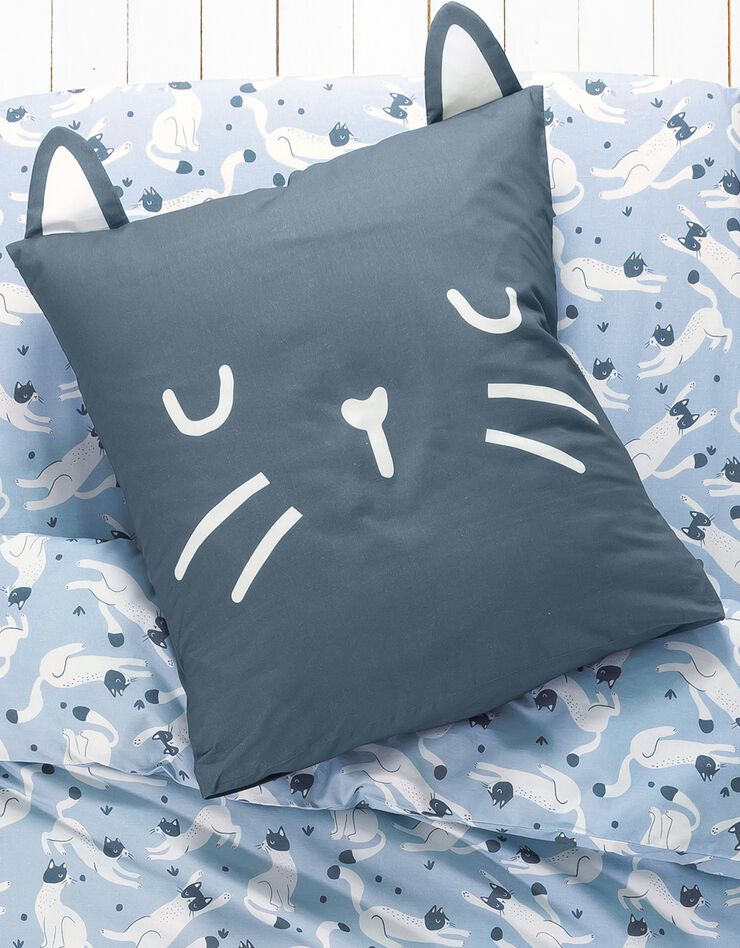 Linge de lit enfant imprimé chats Miaou 1 personne - coton biologique (bleu)