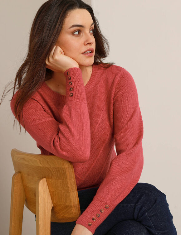 Pull maille fantaisie et d&eacute;tail boutons poignets, toucher doux  (grenade)