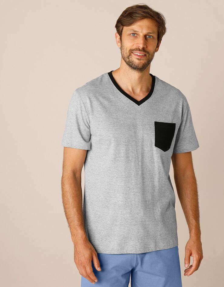 Tee-shirt pyjama bicolore manches courtes (gris chiné)