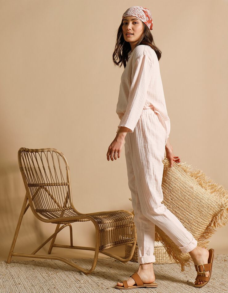 Pantalon joggpant gaze de coton finition borderie (rose pâle) Pantalon joggpant gaze de coton finition borderie (rose pâle)