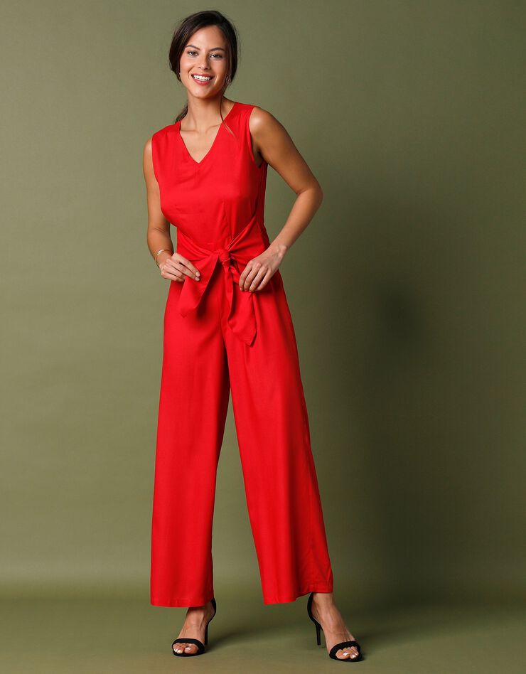 Combinaison pantalon unie col V sans manches  (rouge)