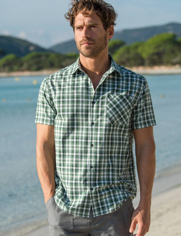  Chemise &agrave; carreaux manches courtes polycoton (vert)