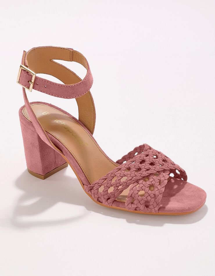 Sandales à brides en cuir tressé à talon  (vieux rose)