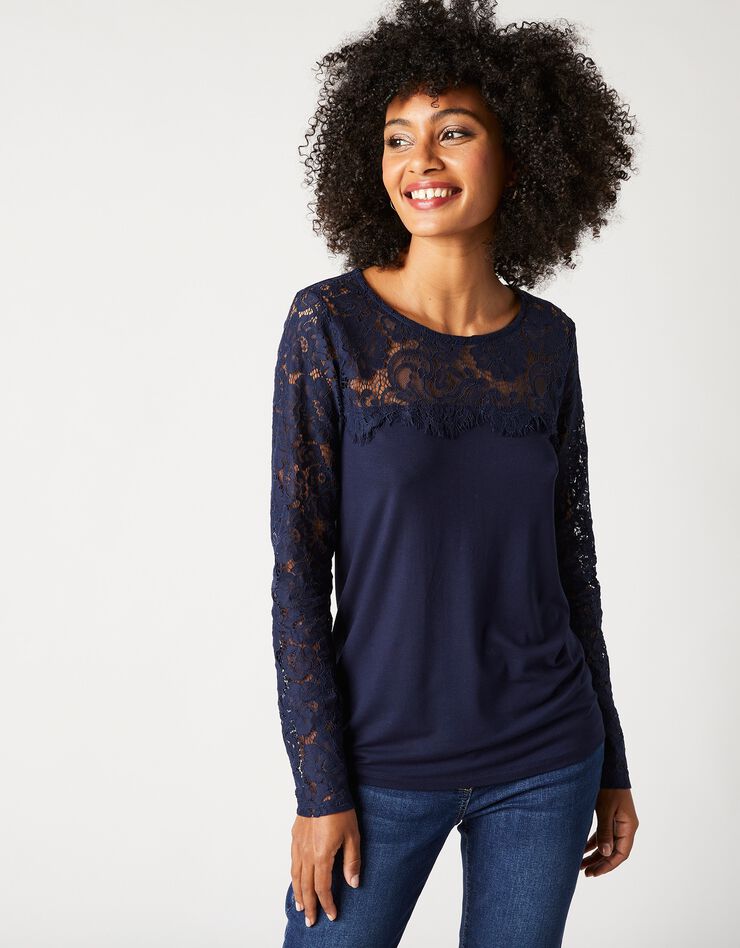 Tee-shirt col rond manches longues, dentelle jersey (marine) Tee-shirt col rond manches longues, dentelle jersey (marine)