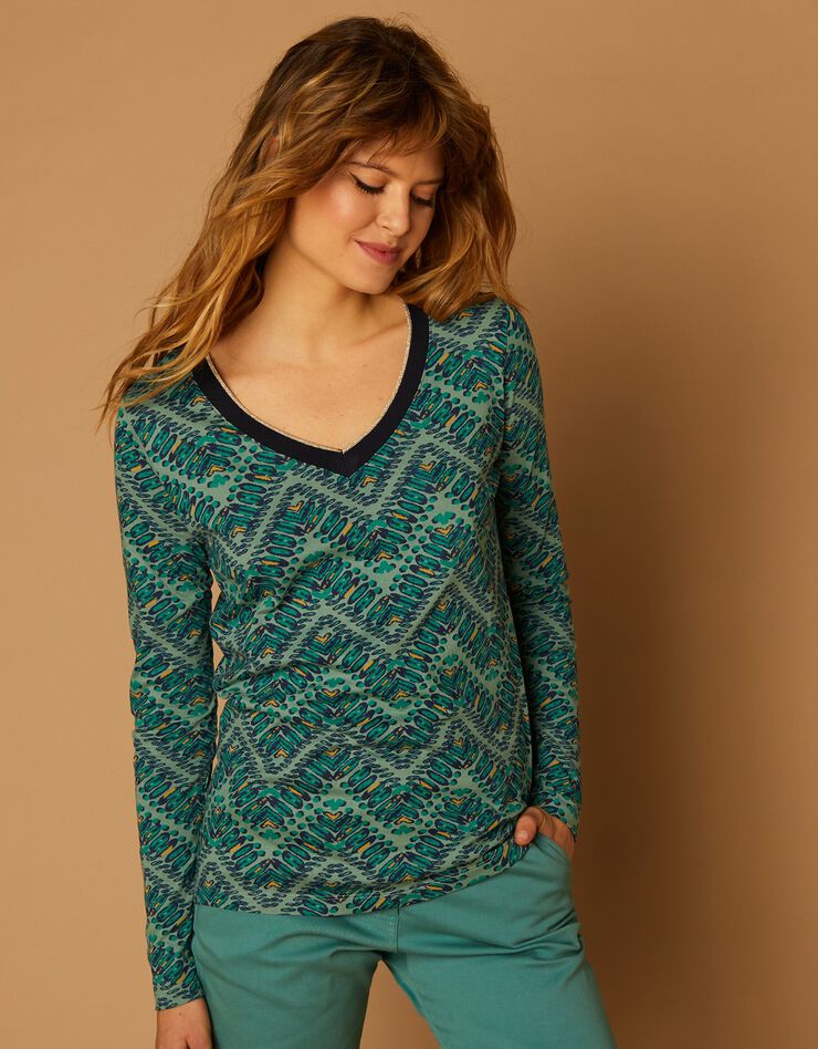 Tee-shirt col V imprimé zigzag (vert) Tee-shirt col V imprimé zigzag (vert)