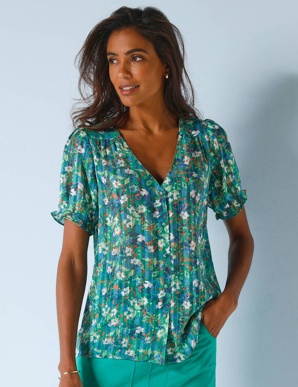 Chemisier boutonné manches blousantes imprimé, voile jacquard (vert émeraude)