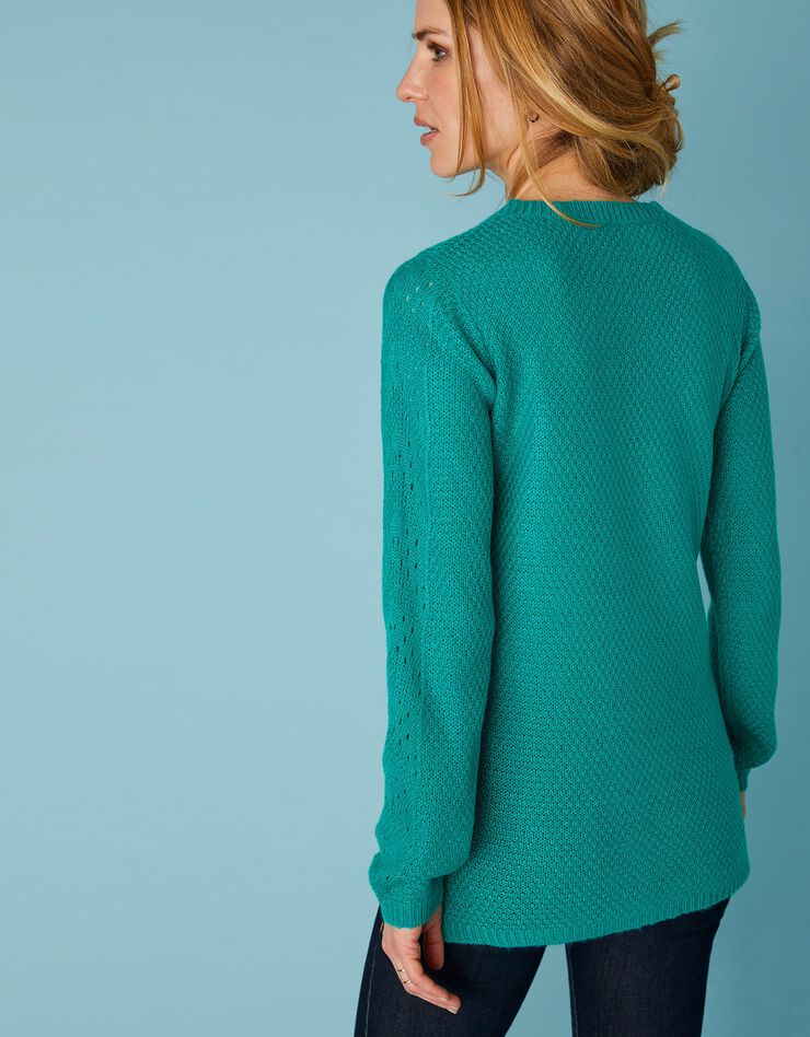 Pull tunique col V maille ajourée toucher mohair (vert) Pull tunique col V maille ajourée toucher mohair (vert)