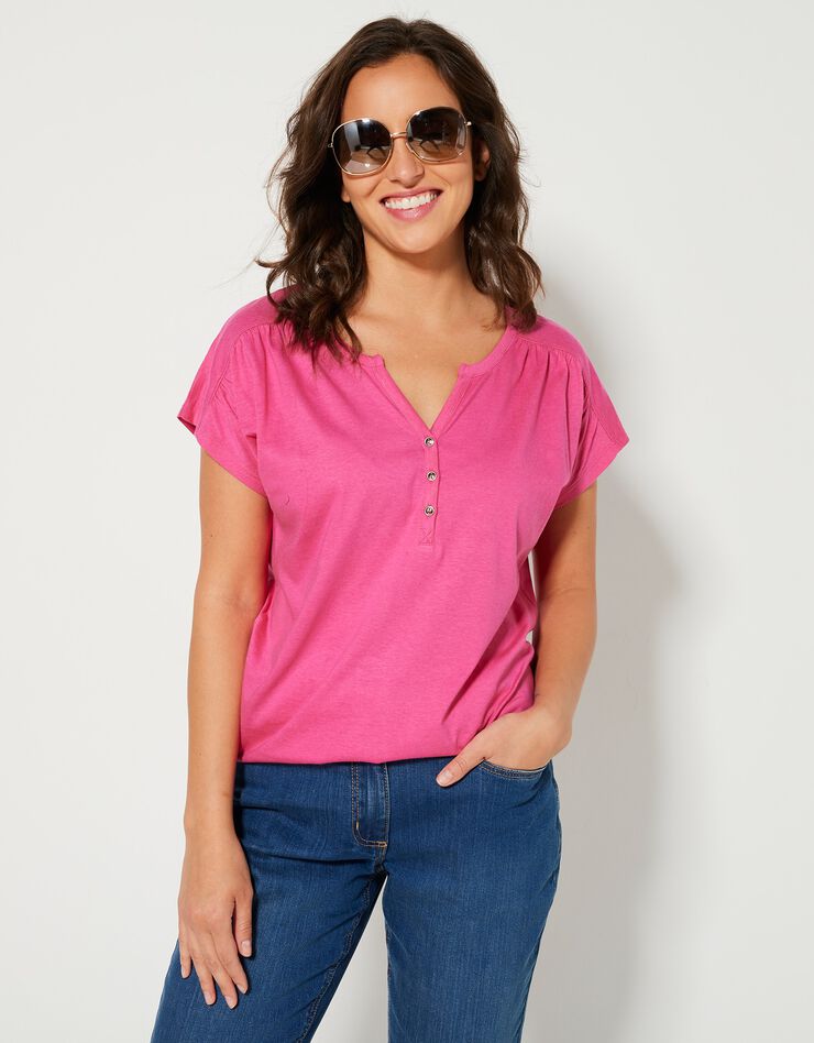 Tee-shirt col tunisien manches courtes, uni (rose) Tee-shirt col tunisien manches courtes, uni (rose)