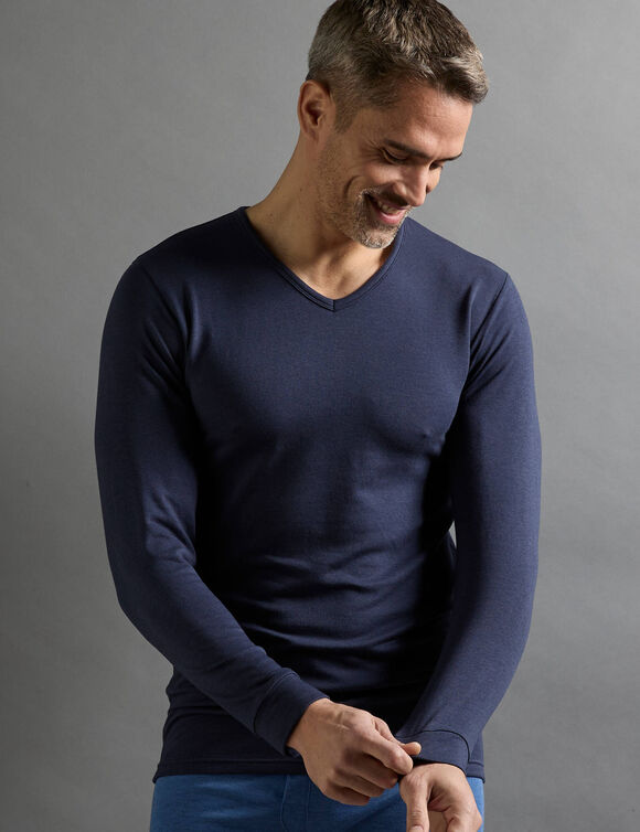 T-shirt sous-vêtement homme col V manches longues chaleur modérée - lot de 2 (marine)