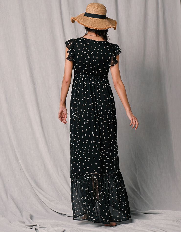 Robe longue cache-coeur sans manches voile imprimé (noir / écru)