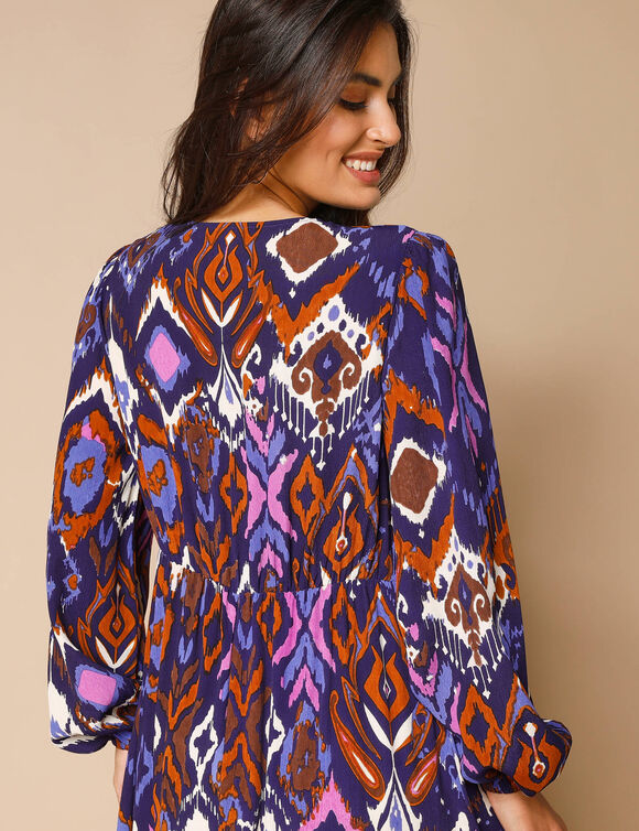 Robe longue col V imprimée (indigo / violine)