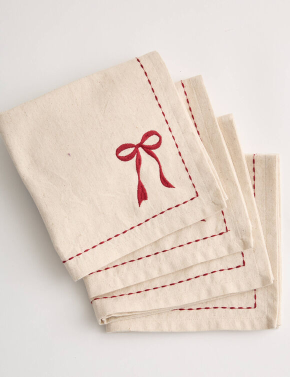 Serviettes de table brod&eacute;es en coton/lin - lot de 4 (naturel / rouge)