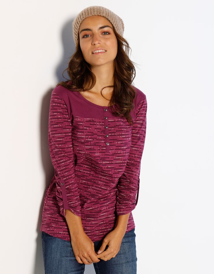 Tee-shirt col tunisien imprimé chiné (violine chiné) Tee-shirt col tunisien imprimé chiné (violine chiné)