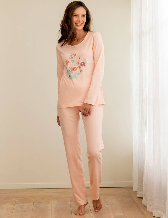 Pyjama en coton motif plac&eacute; fleurs manches longues  (rose p&acirc;le)
