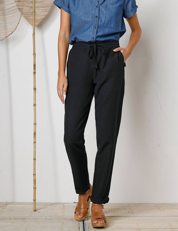 Pantalon fuselé fluide, lin-coton (noir)