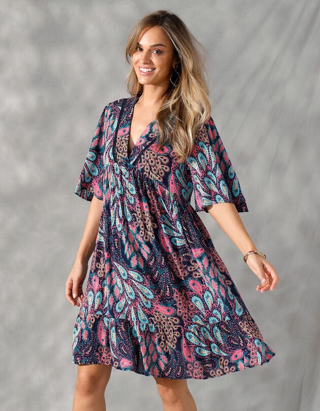 Robe courte manches "papillon" imprimée cachemire (marine / rose)