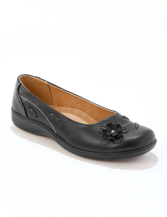 Ballerines &agrave; fleur appliqu&eacute;e largeur confort (noir)