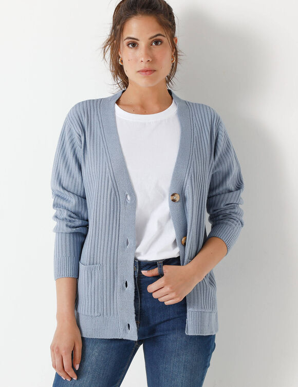 Gilet col V, maille c&ocirc;tel&eacute;e (bleu gris&eacute;)