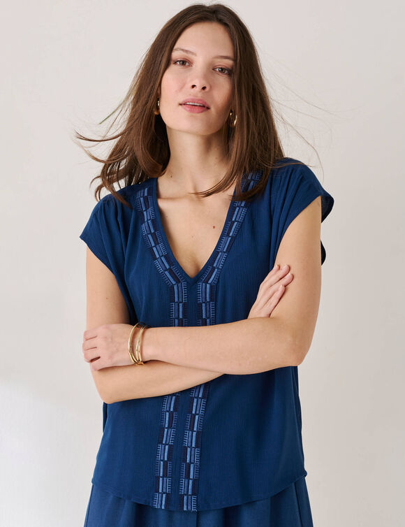 Blouse fluide broderies fantaisie  (bleu)