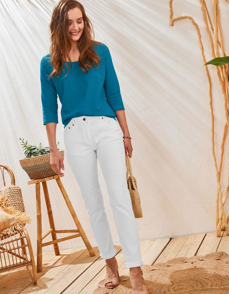 Tee-shirt manches 3/4 col rond uni coton (bleu paon) Tee-shirt manches 3/4 col rond uni coton (bleu paon)