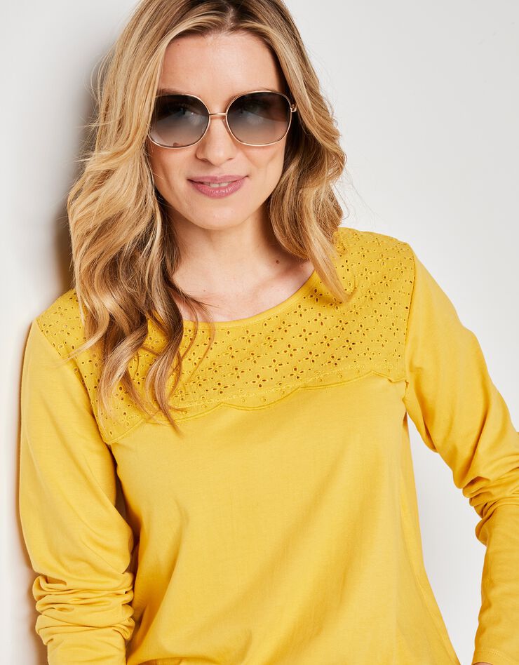 Tee-shirt manches longues, empiècement broderie anglaise (safran) Tee-shirt manches longues, empiècement broderie anglaise (safran)