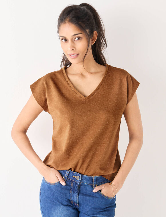 T-shirt col V, maille fantaisie brillante (noisette)