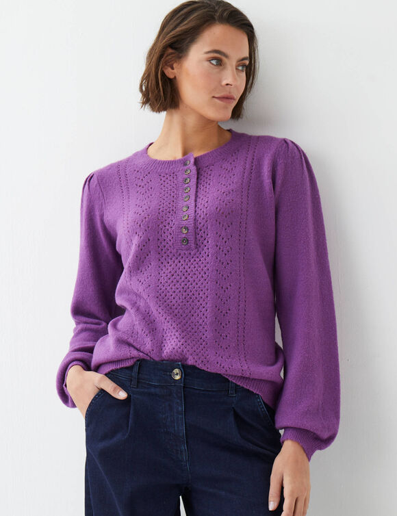 Pull ajour&eacute; col tunisien boutonn&eacute; (violet)